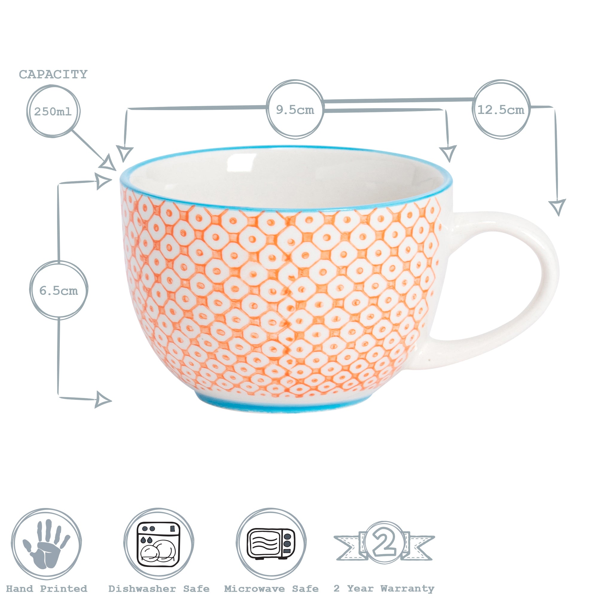 Hand-Printed Cappuccino Cup - 250ml - Orange
