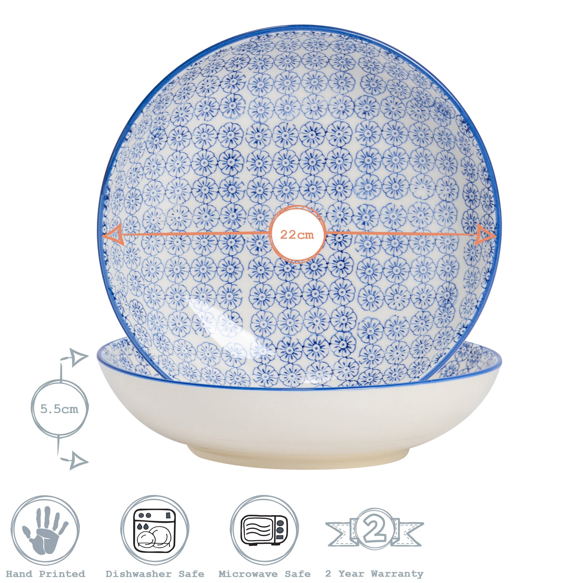 Hand-Printed Pasta Bowl - 22cm - Navy