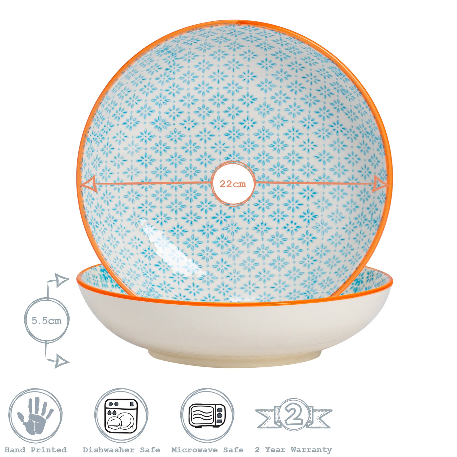Hand-Printed Pasta Bowl - 22cm - Light Blue