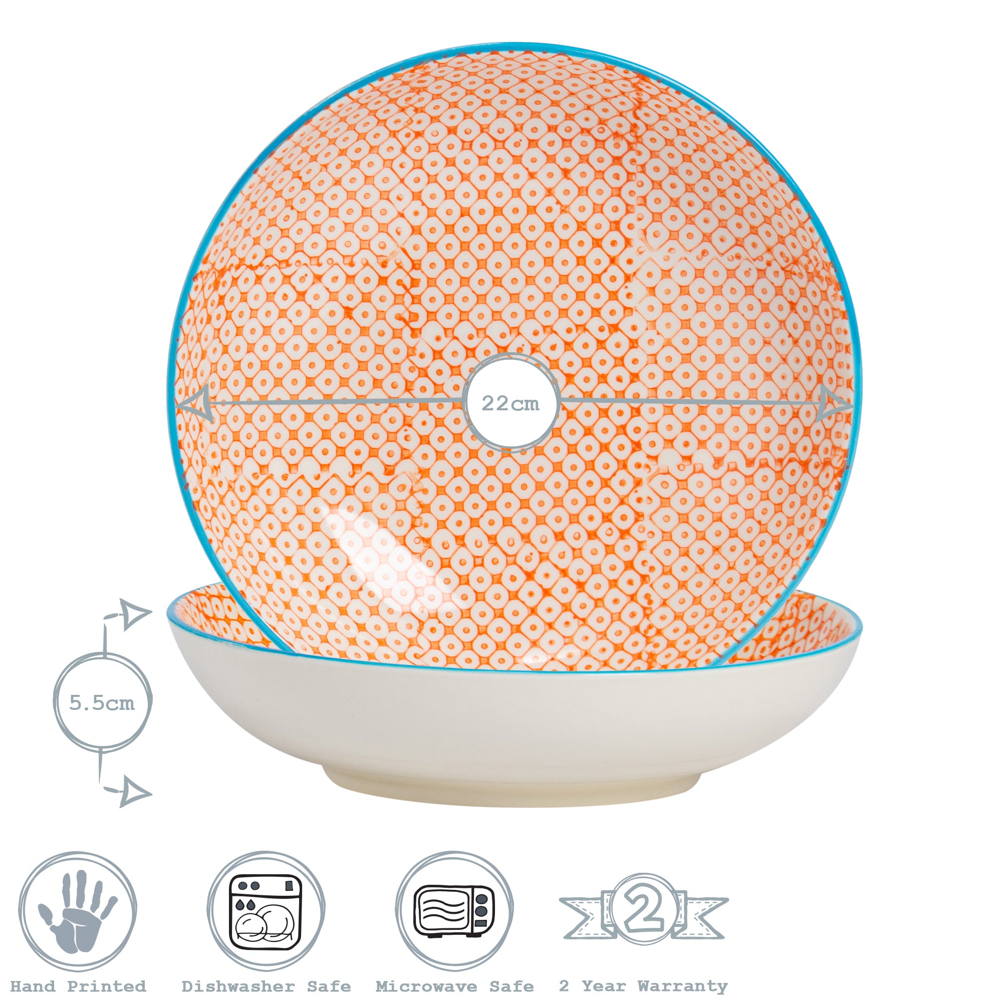 Hand-Printed Pasta Bowl - 22cm - Orange