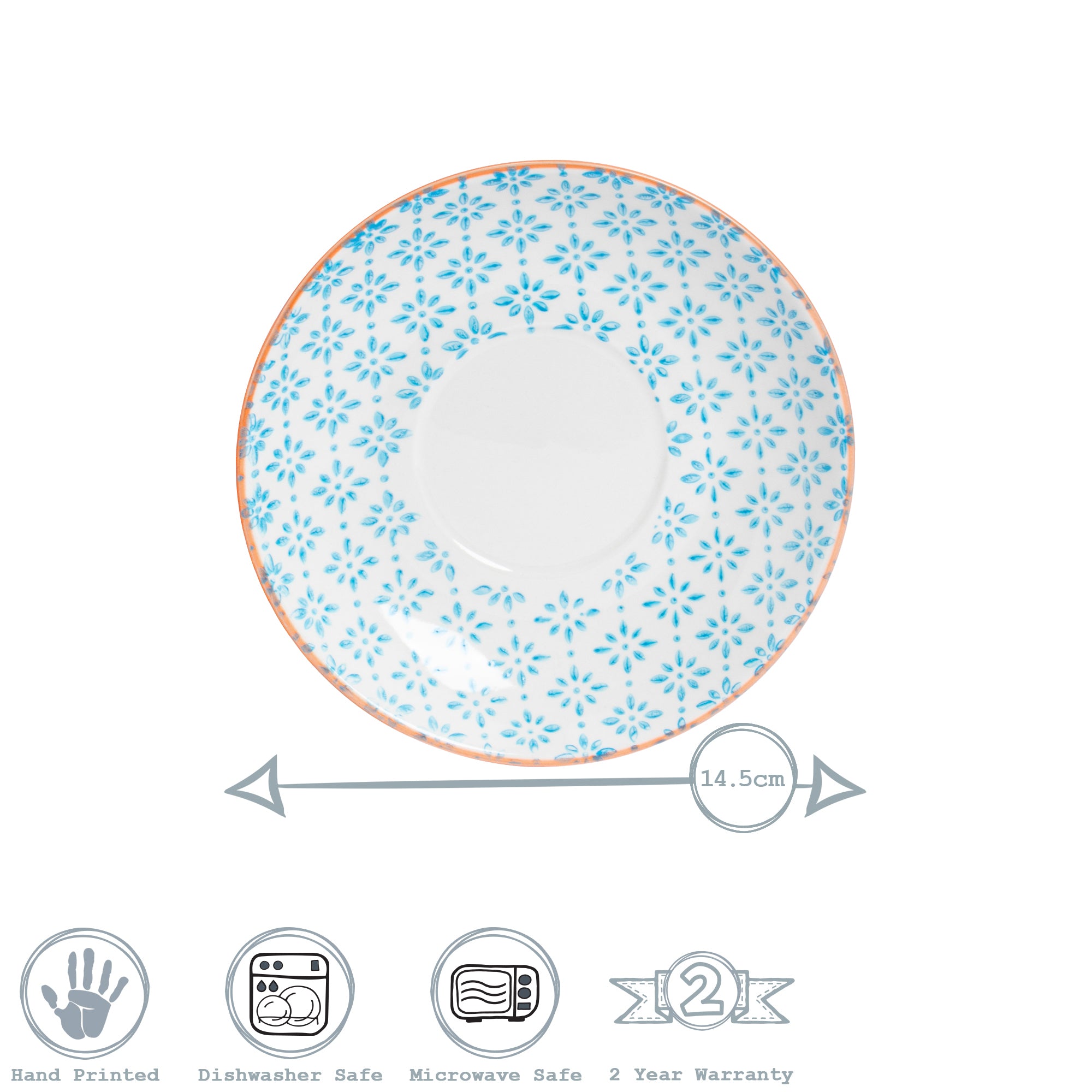 Hand-Printed Cappuccino Saucer - 14.5cm - Light Blue
