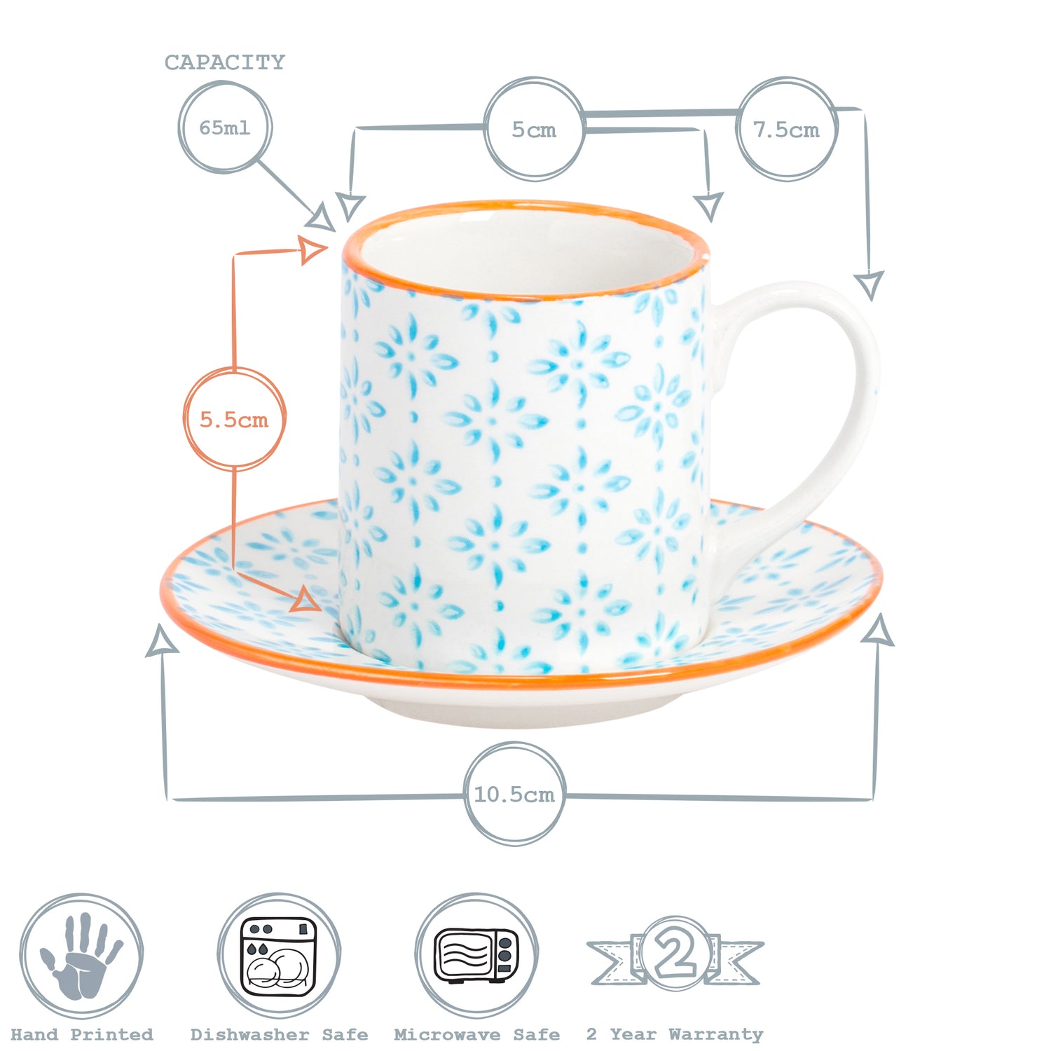 Hand-Printed Espresso Cup and Saucer Set - 65ml - Light Blue