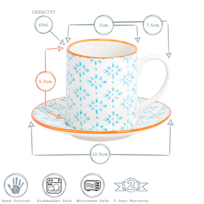 Hand-Printed Espresso Cup and Saucer Set - 65ml - Light Blue
