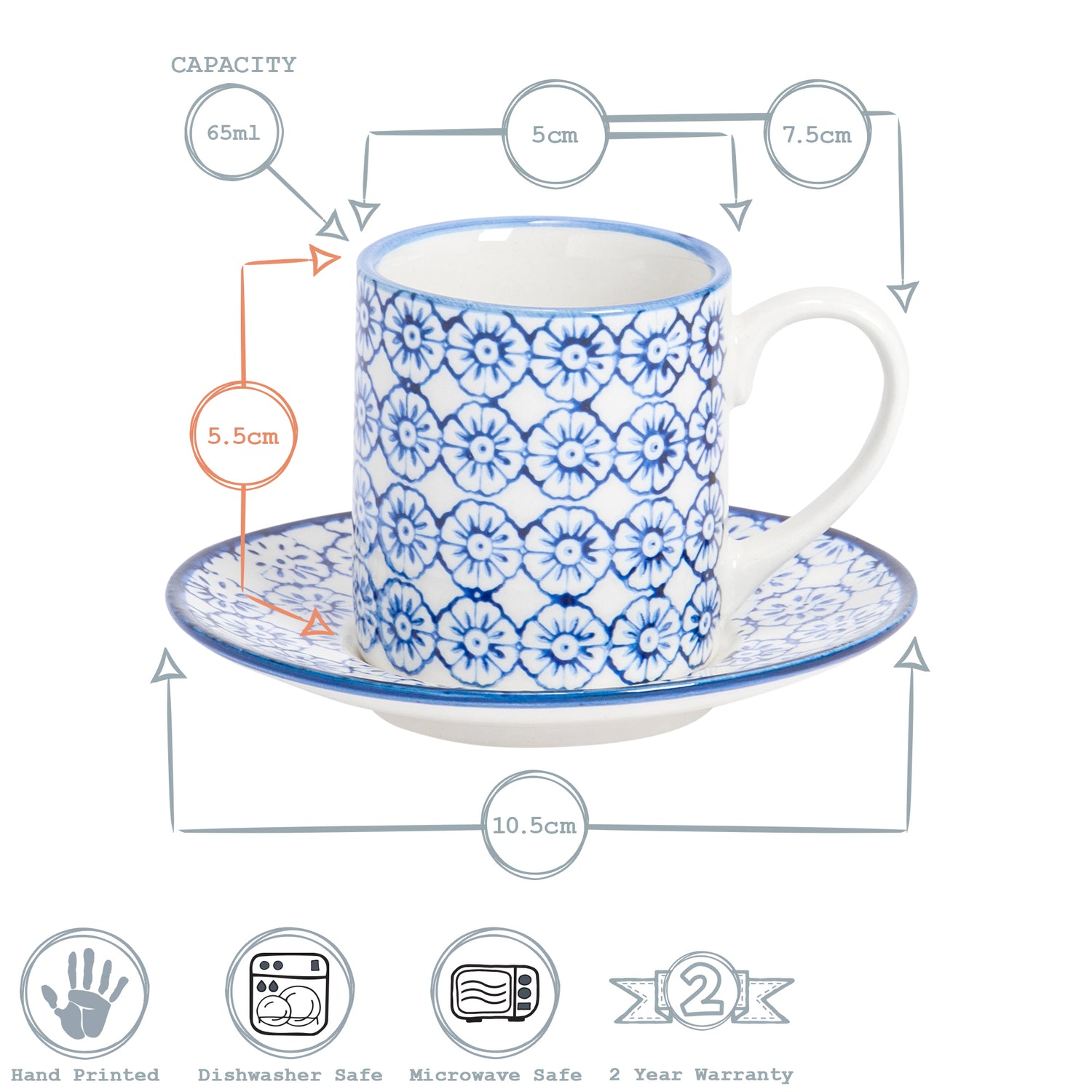 Hand-Printed Espresso Cup and Saucer Set - 65ml - Navy