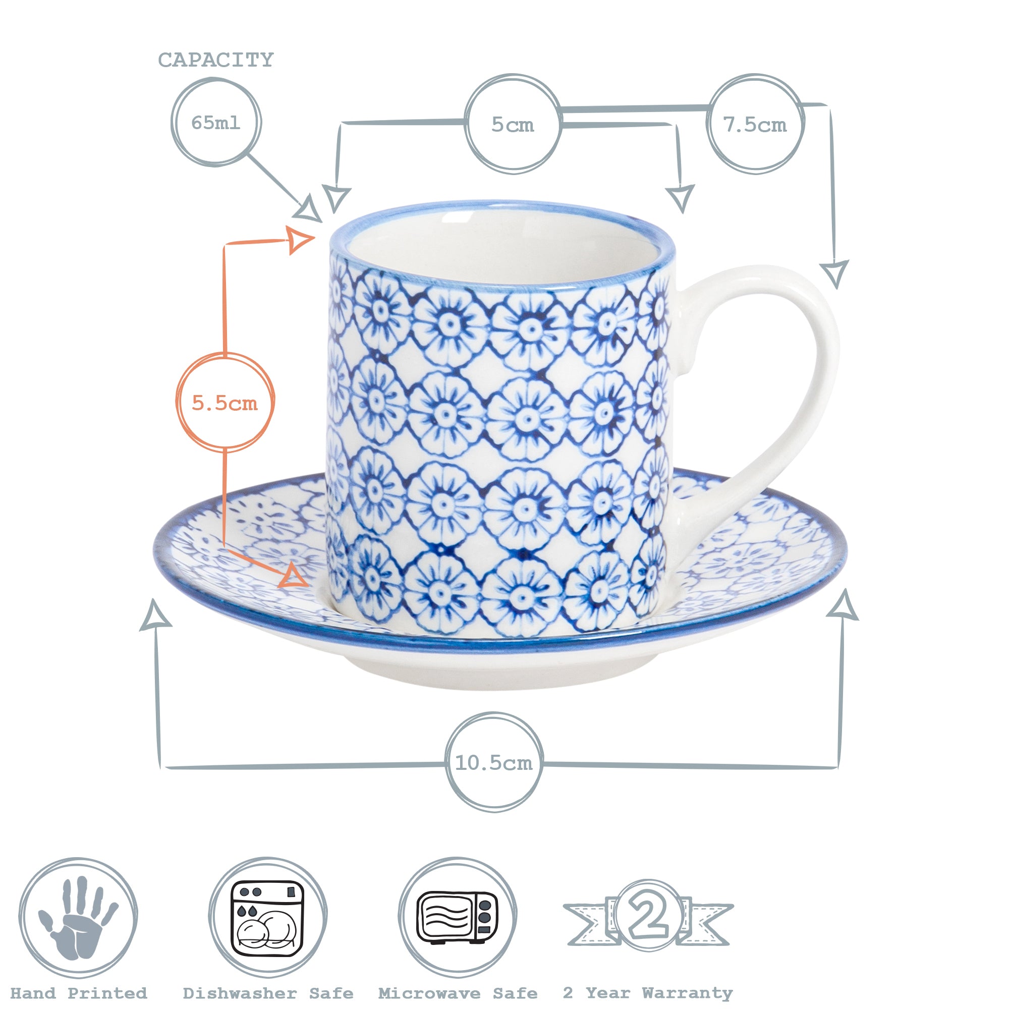Hand-Printed Espresso Cup and Saucer Set - 65ml - Navy