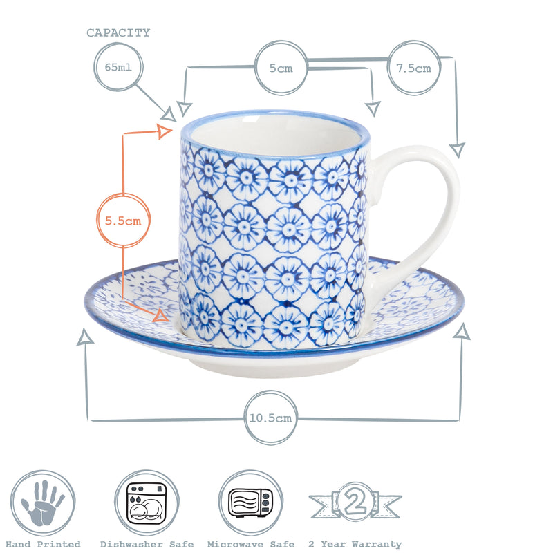 Nicola Spring Hand-Printed Espresso Cup and Saucer Set - 65ml - Navy