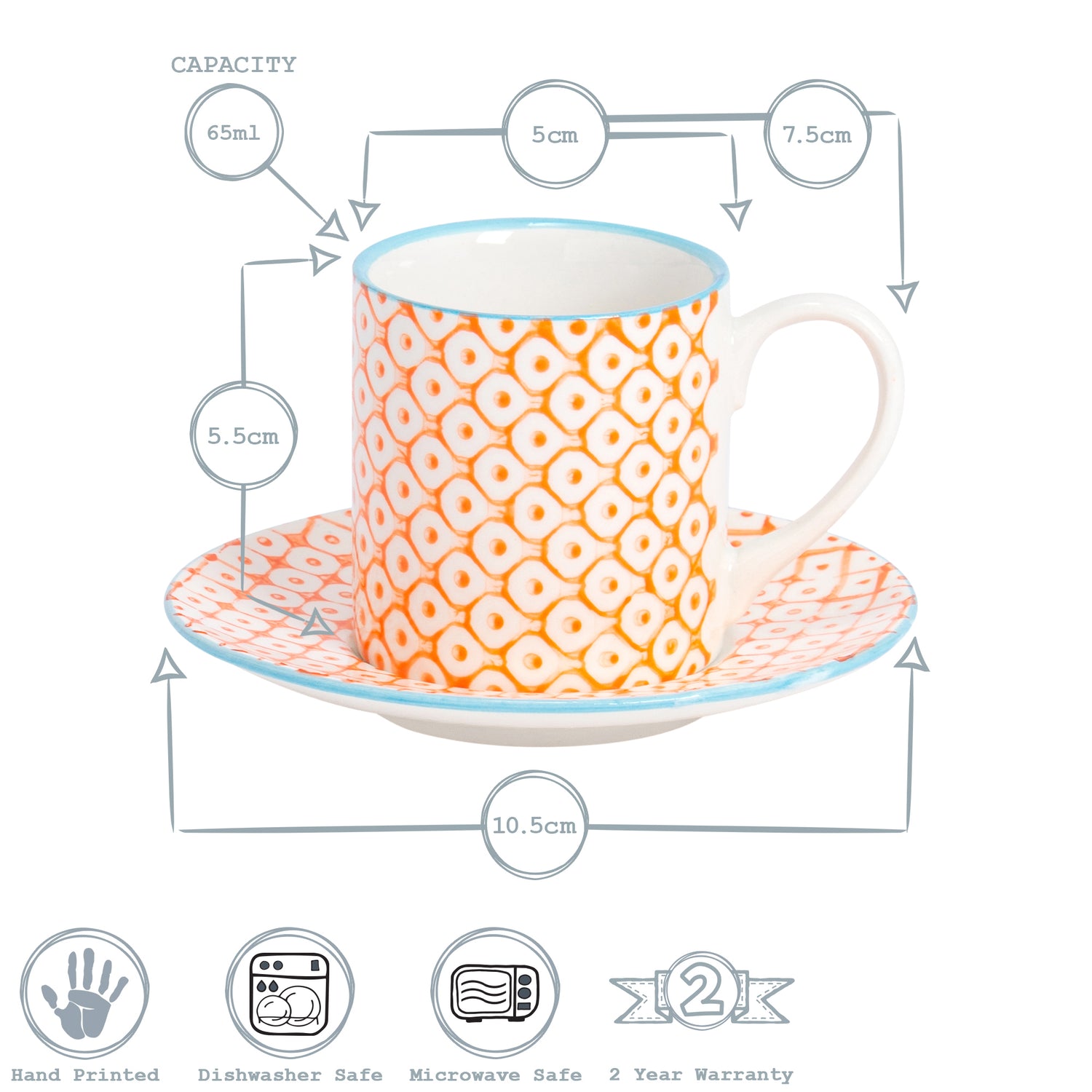 Hand-Printed Espresso Cup and Saucer Set - 65ml - Orange