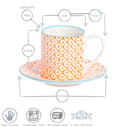 Hand-Printed Espresso Cup and Saucer Set - 65ml - Orange