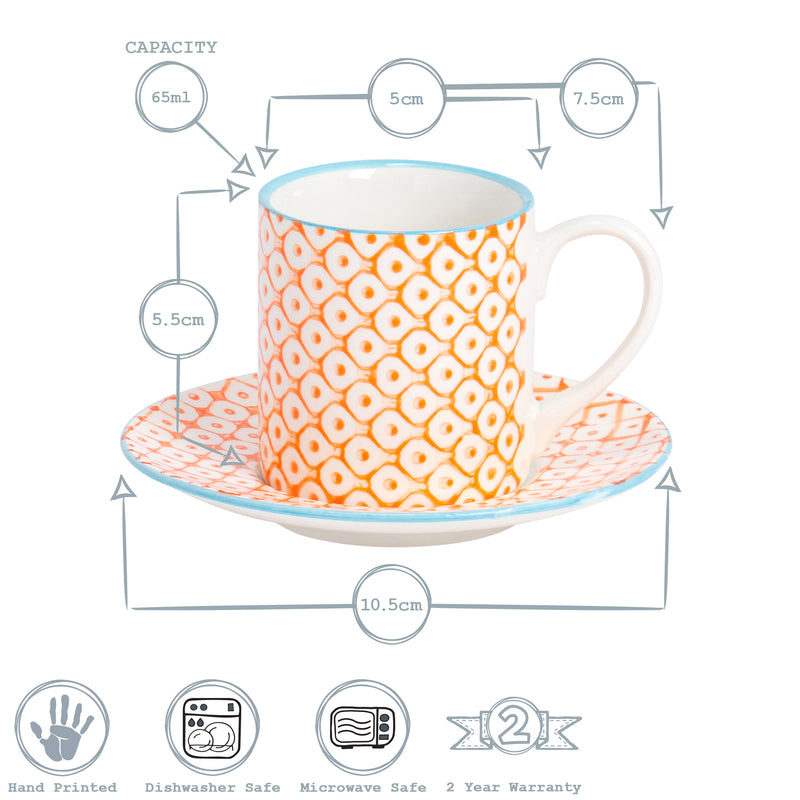 Nicola Spring Hand-Printed Espresso Cup and Saucer Set - 65ml - Orange