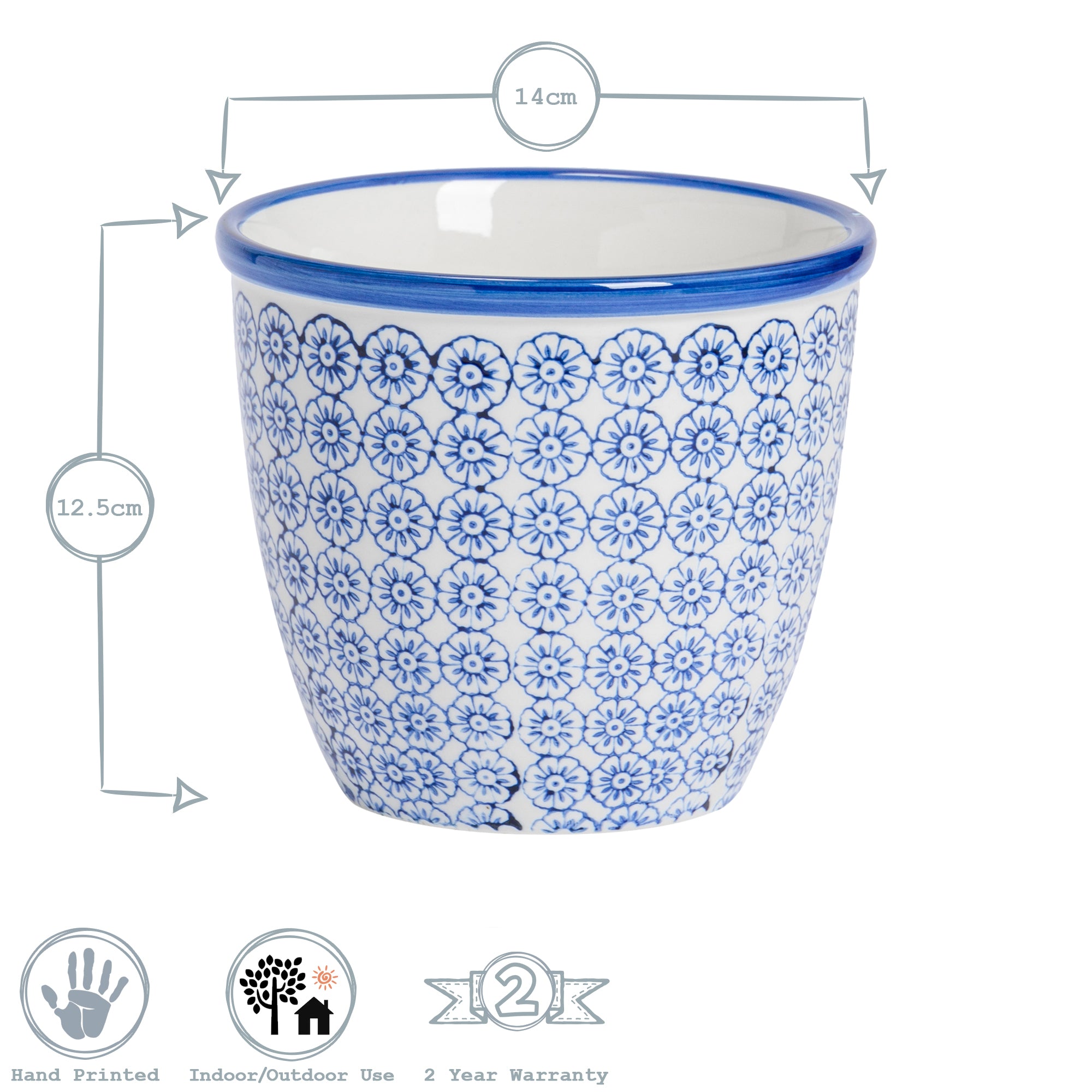 Hand-Printed Plant Pot - 14cm - Navy