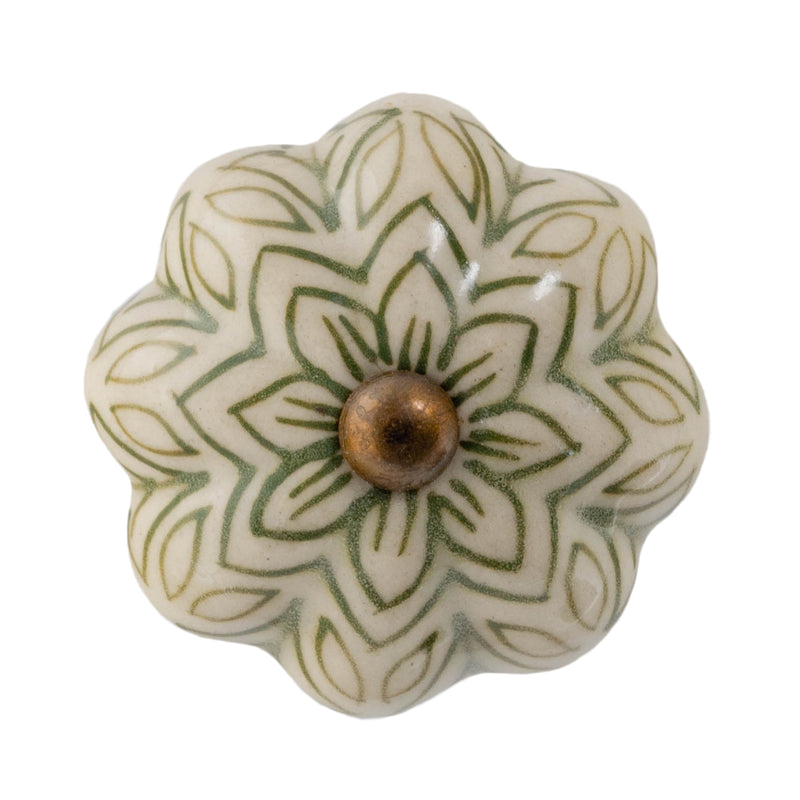 Nicola Spring Ceramic Drawer Knob - Vintage Flower - Olive Green
