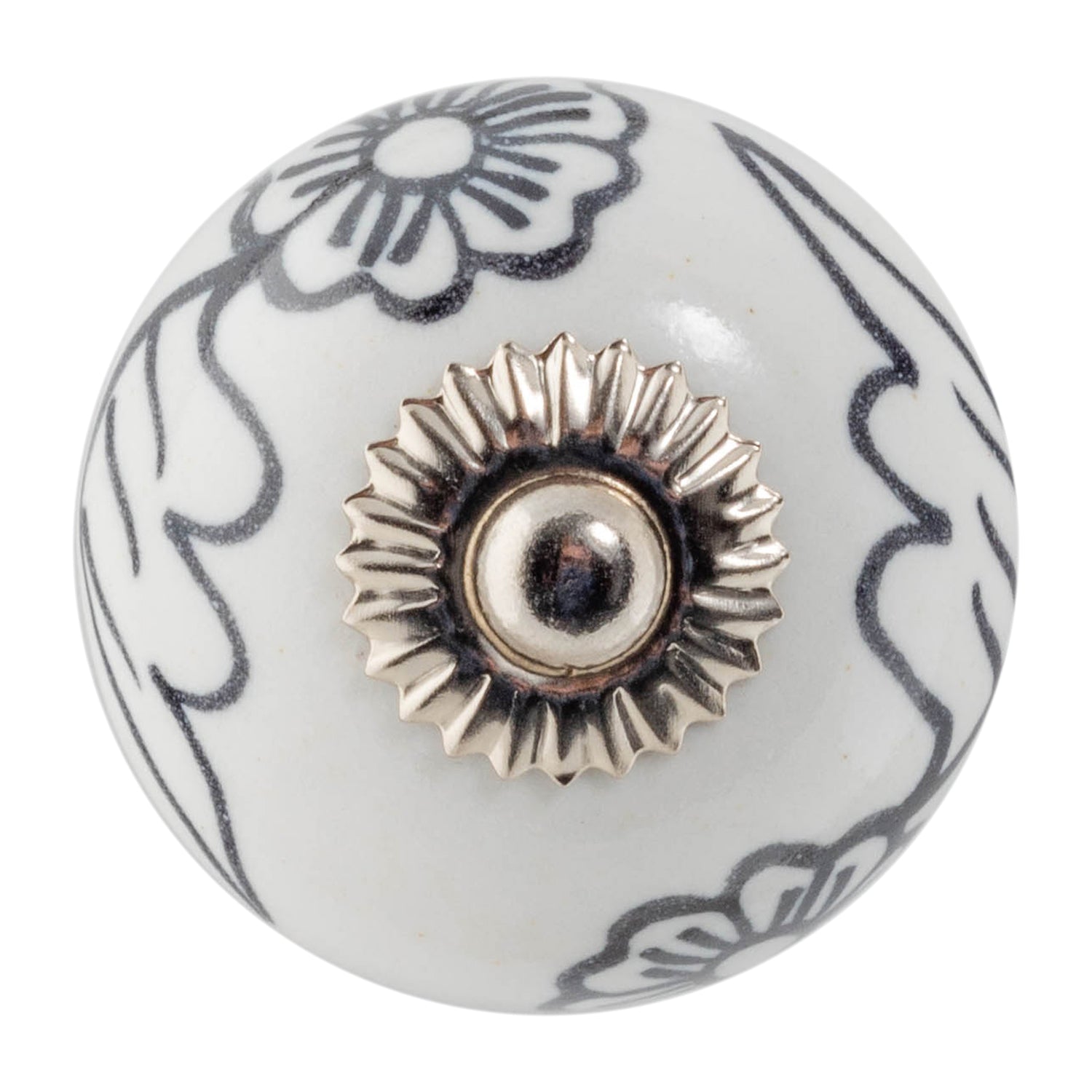 Nicola Spring Round Ceramic Drawer Knob - Black / White Floral