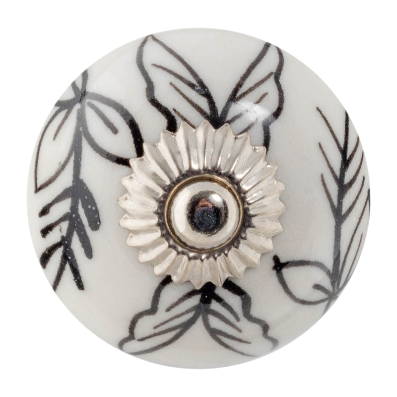Nicola Spring Round Ceramic Drawer Knob - Black / White Leaves