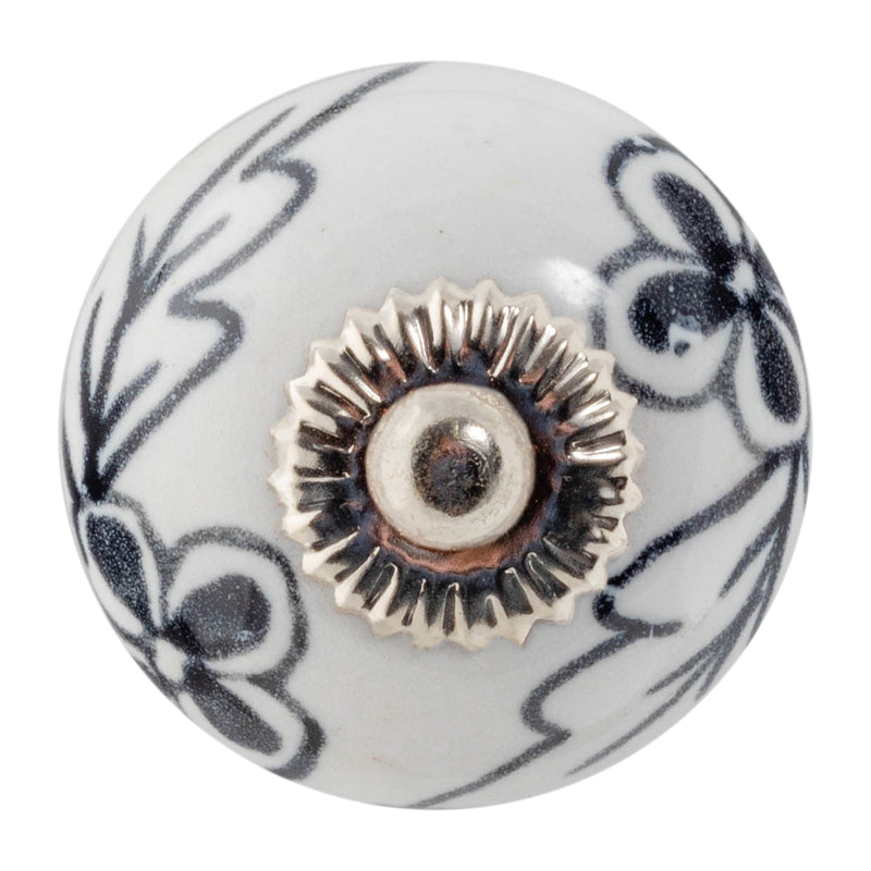 Nicola Spring Round Ceramic Drawer Knob - Black / White Flower