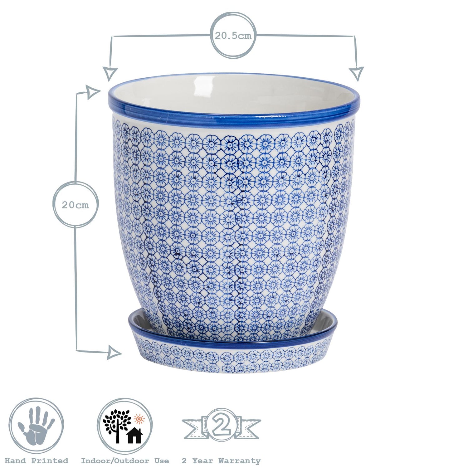 Hand-Printed Plant Pot - 20cm - Navy