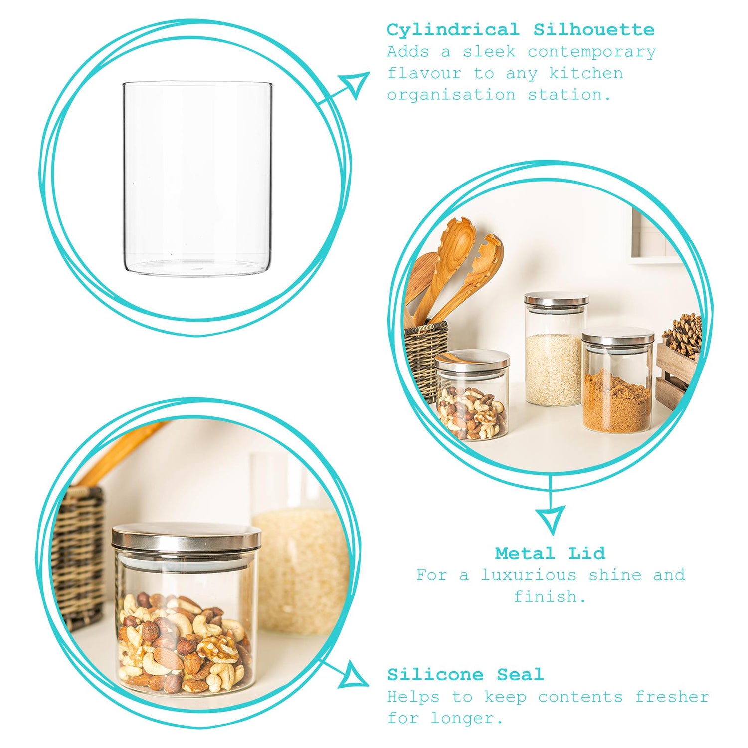 Glass Storage Jar with Metal Lid - 1 Litre - Silver