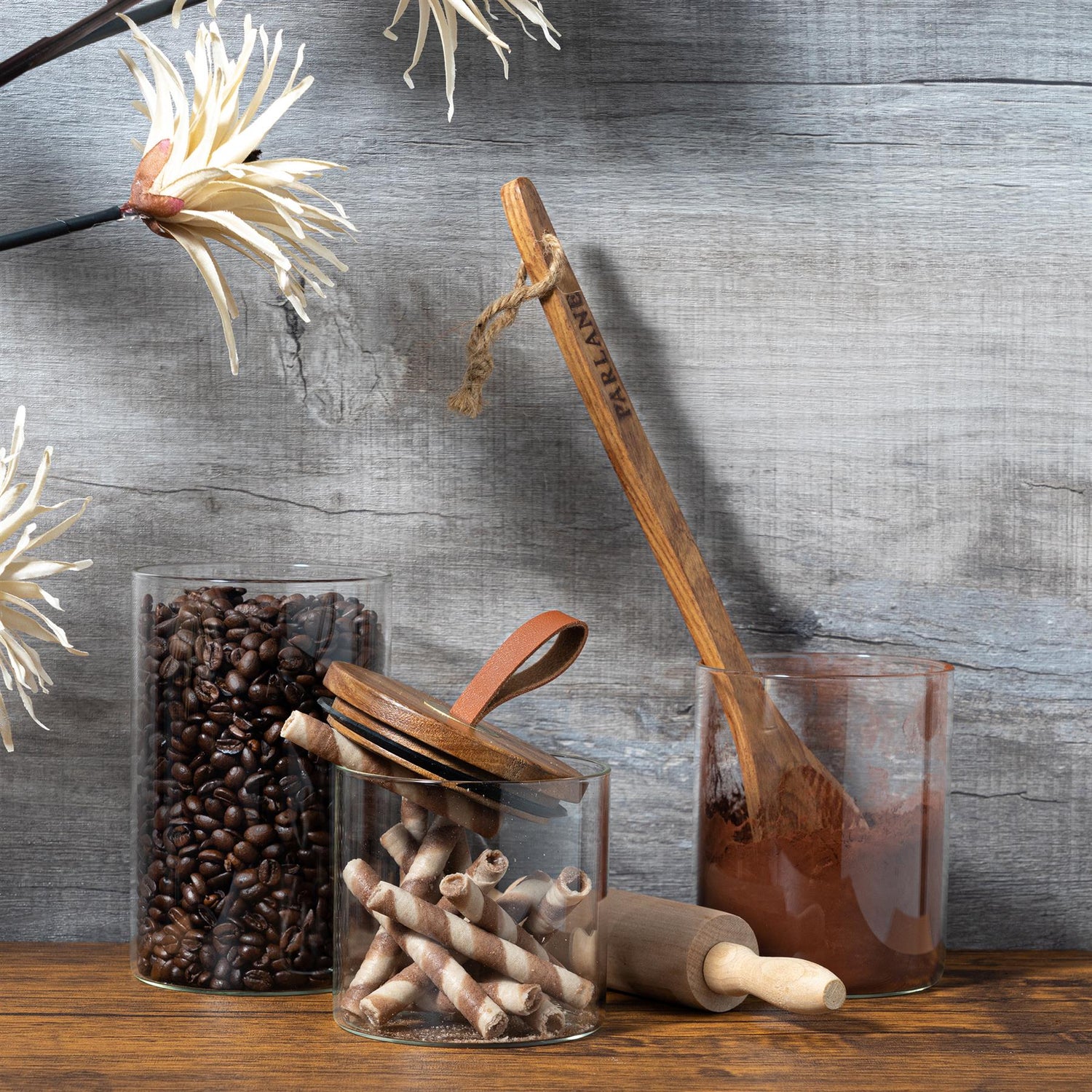 Glass Storage Jar with Wooden Lid - Leather Loop - 550ml