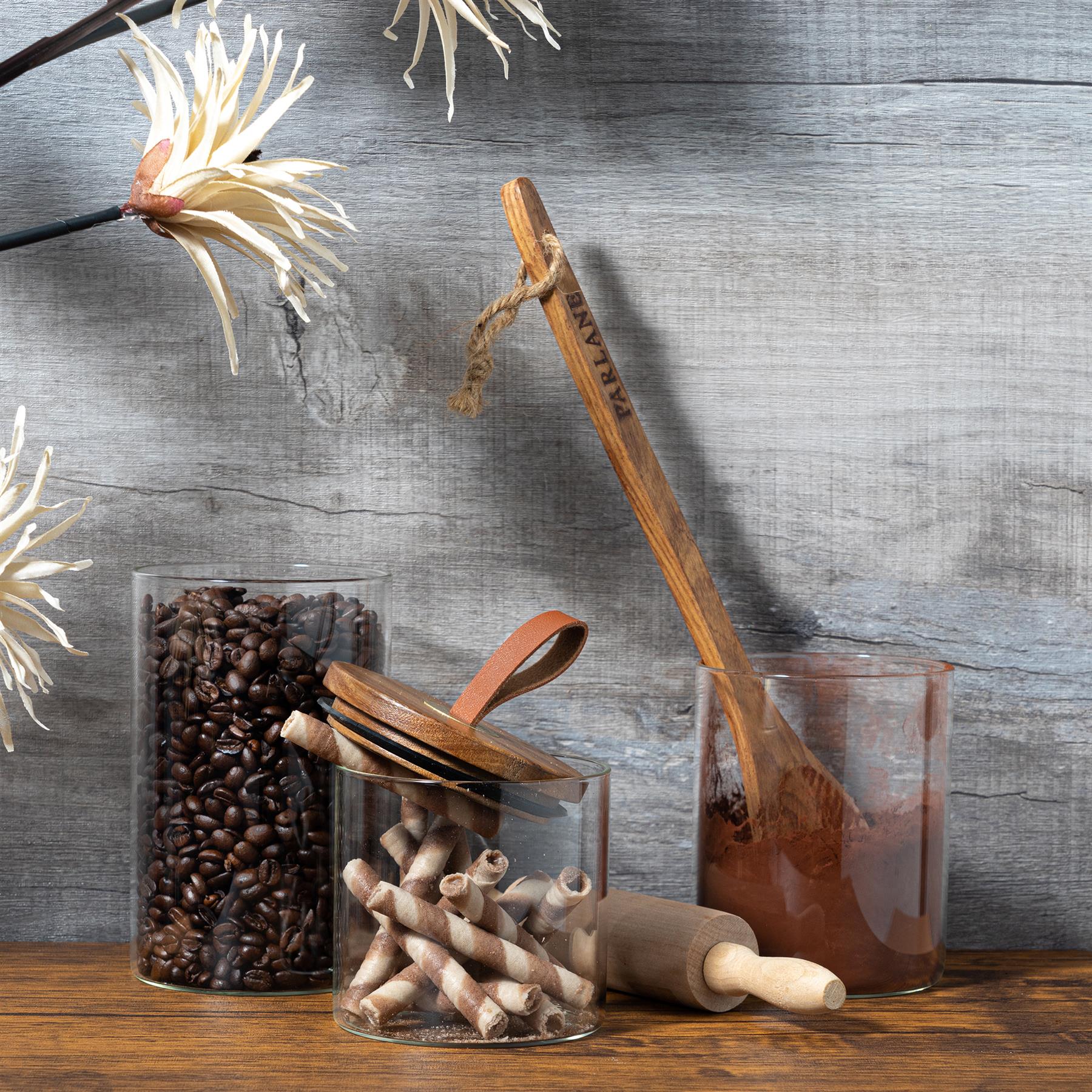 Glass Storage Jar with Wooden Lid - Leather Loop - 550ml