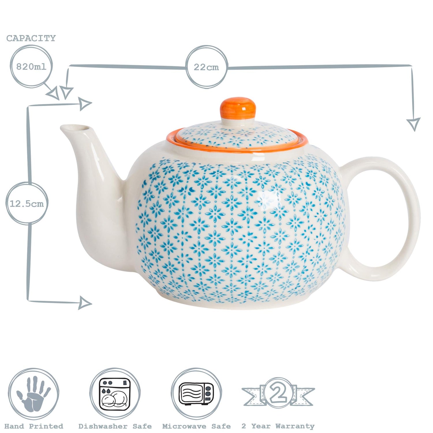 Hand-Printed Teapot - 820ml - Light Blue
