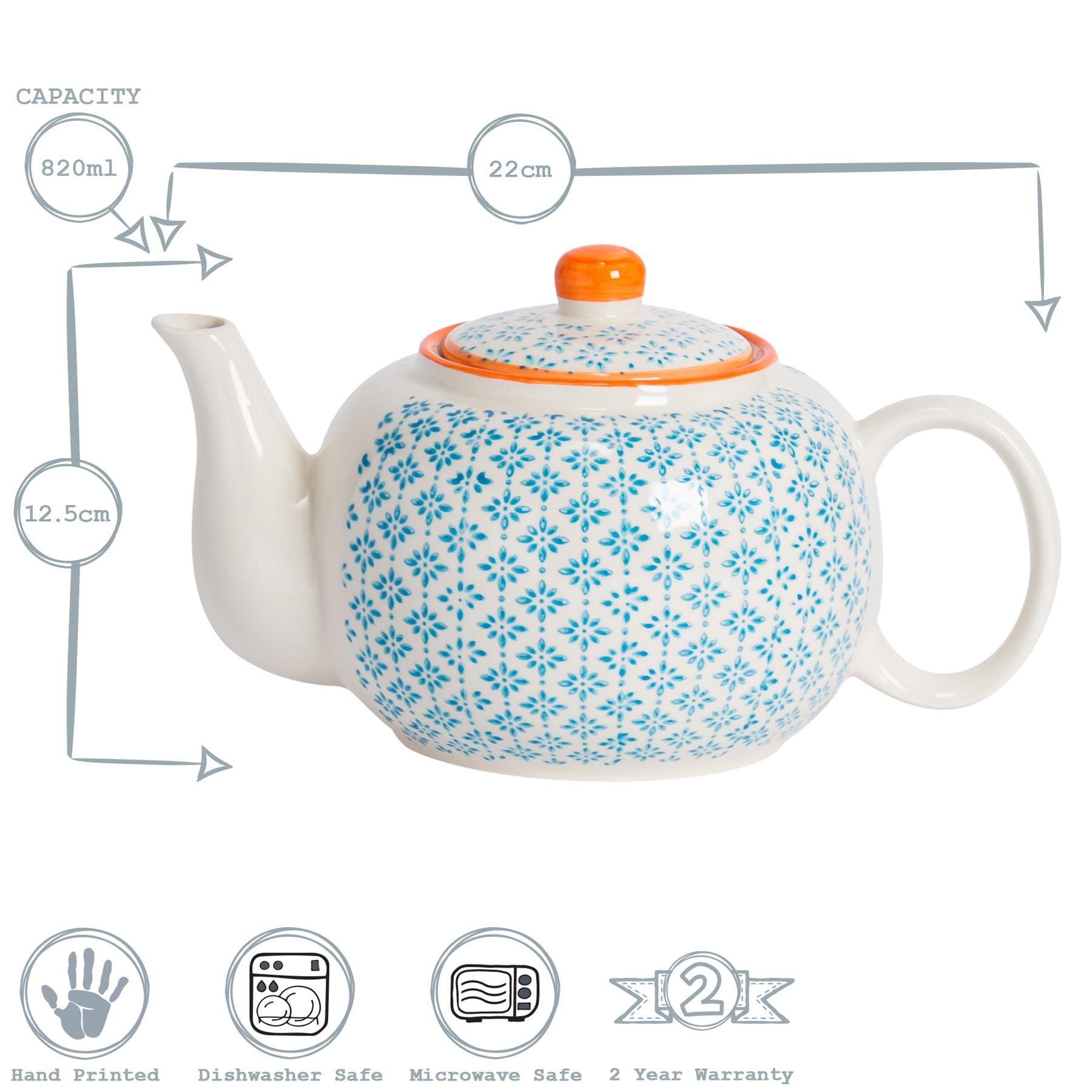 Hand-Printed Teapot - 820ml - Light Blue