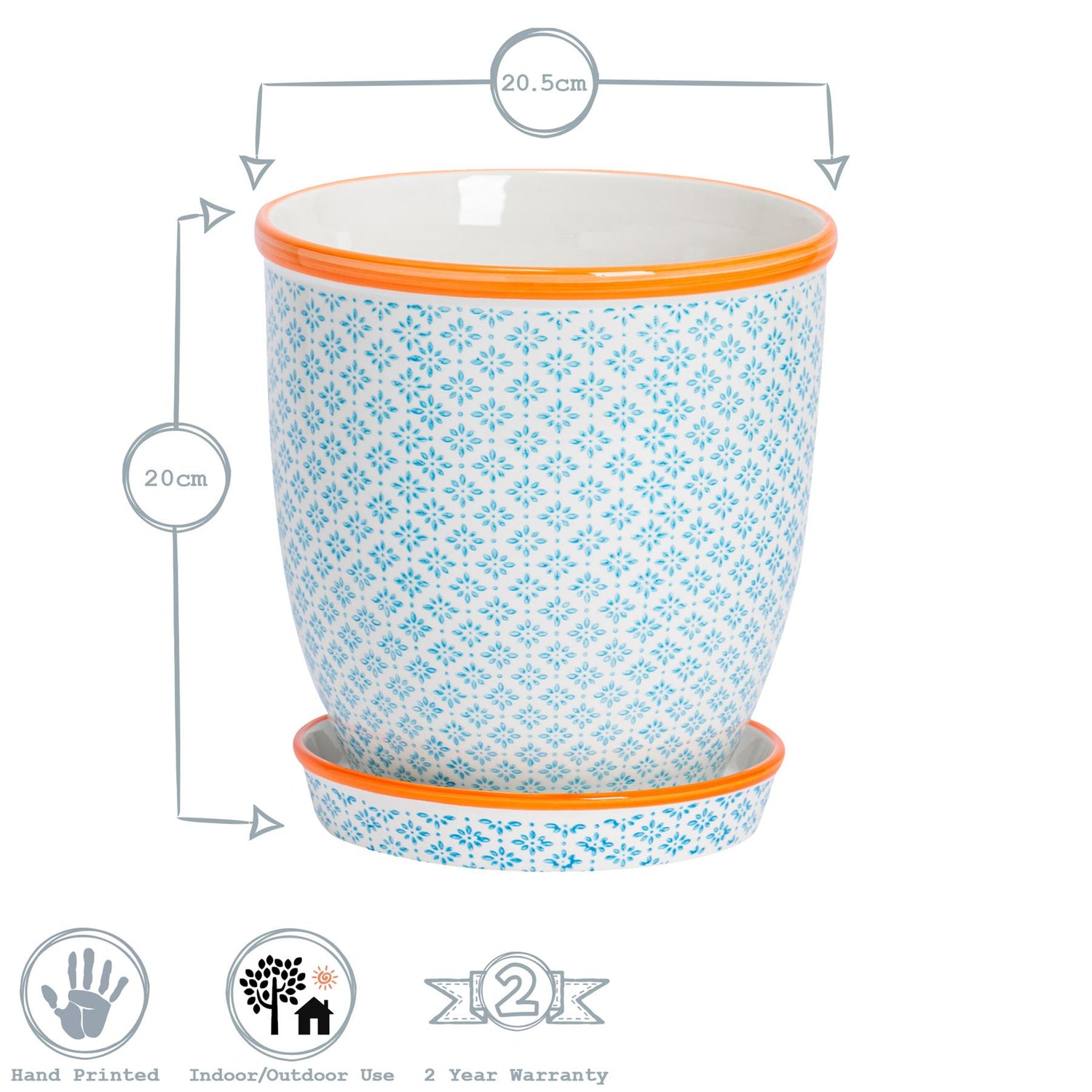 Hand-Printed Plant Pot - 20cm - Light Blue