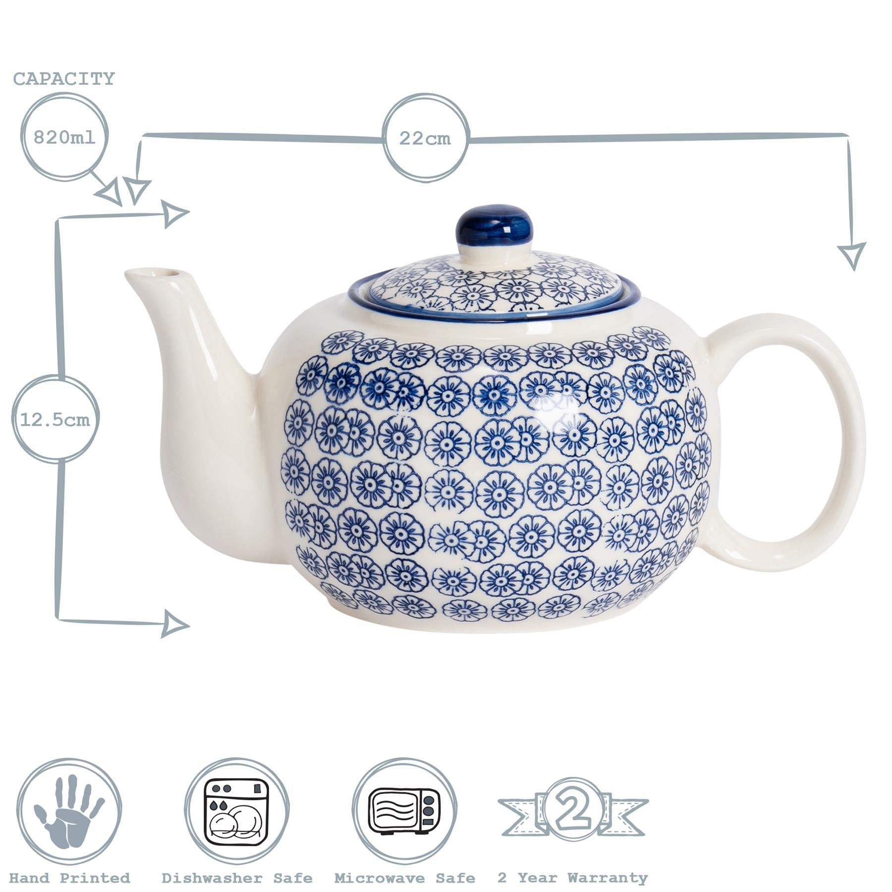 Hand-Printed Teapot - 820ml - Navy