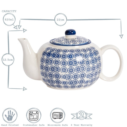 Hand-Printed Teapot - 820ml - Navy