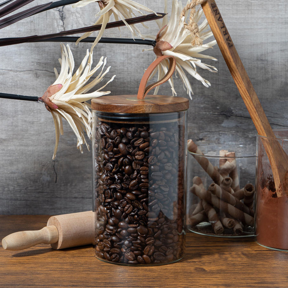 Glass Storage Jar with Wooden Lid - Leather Loop - 1 Litre
