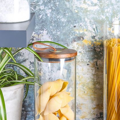 Glass Storage Jar with Wooden Lid - Leather Loop - 1.5 Litre