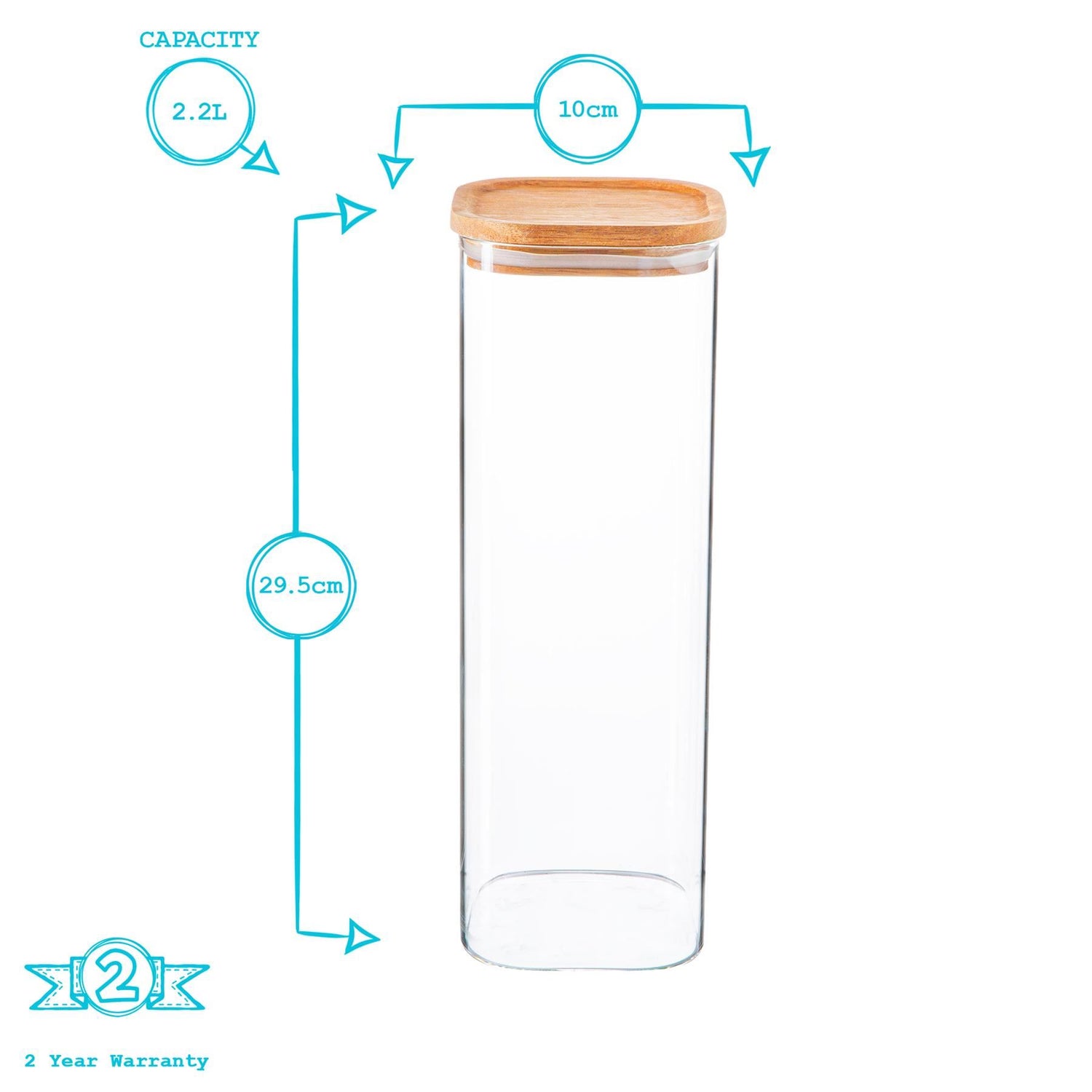 Square Glass Storage Jar with Acacia Wooden Lid - 2.2 Litre