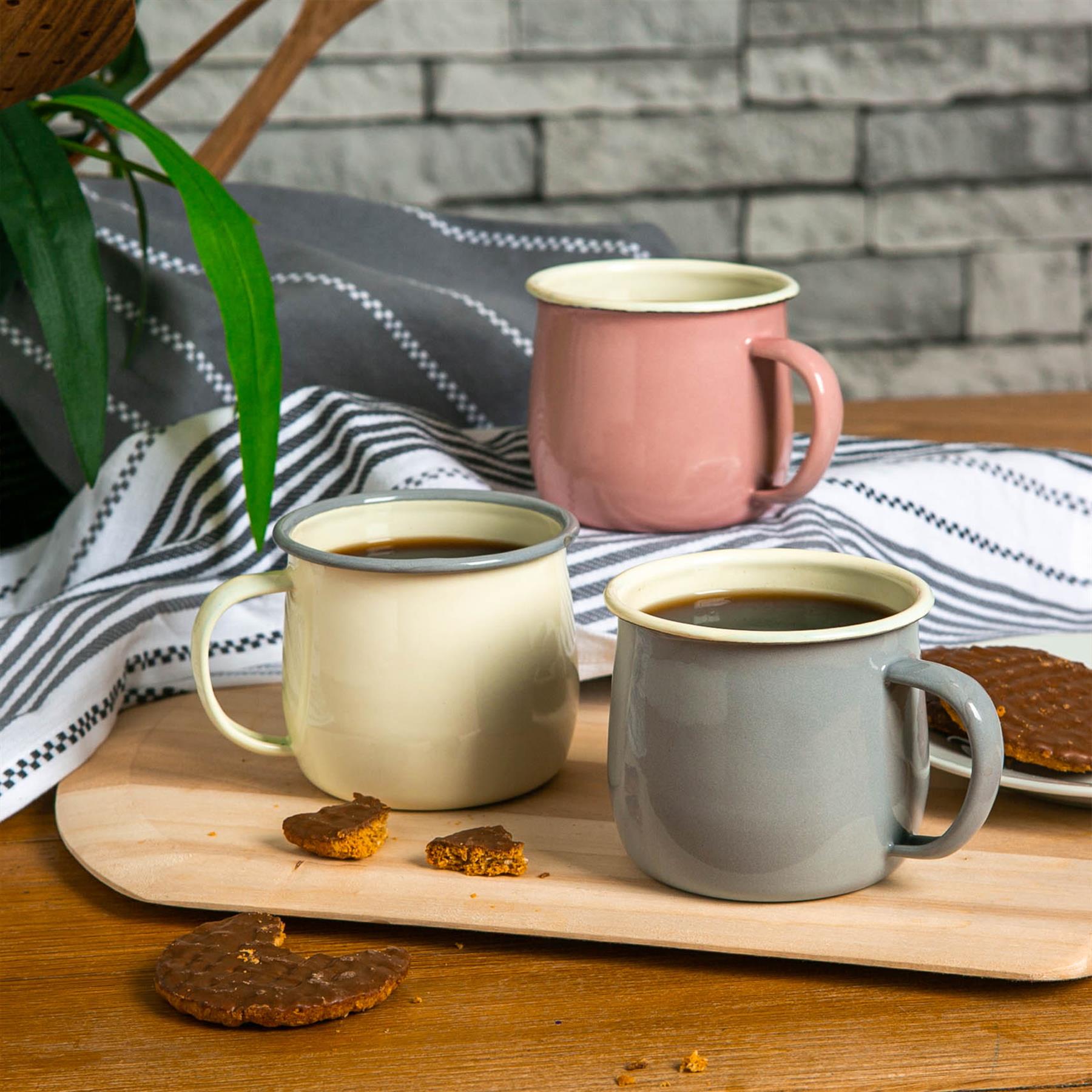Coloured Enamel Belly Mug - 375ml - Cream/Grey