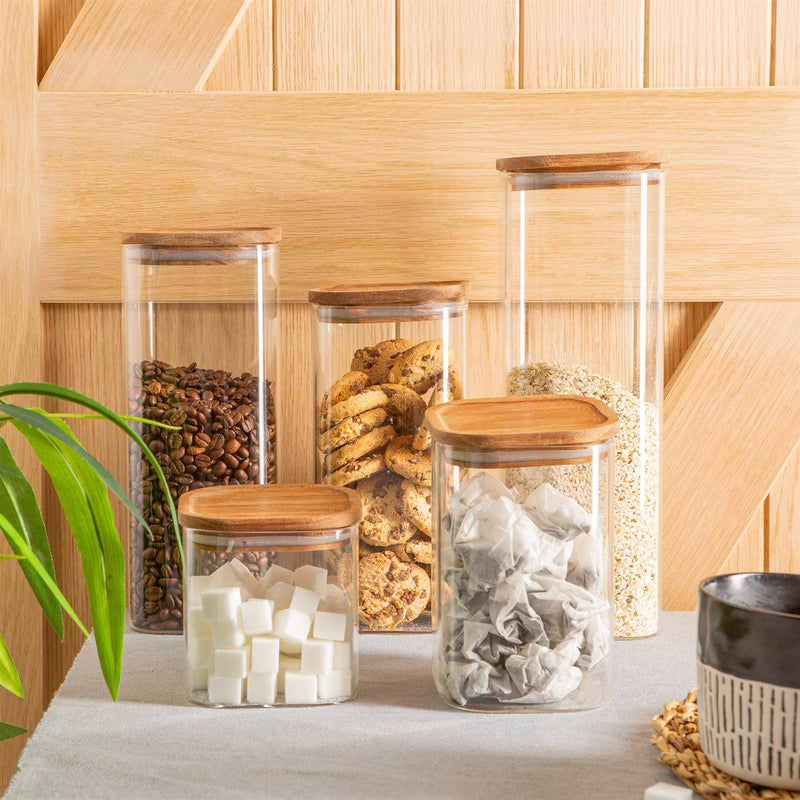 Argon Tableware Square Glass Storage Jar with Acacia Wooden Lid - 680ml