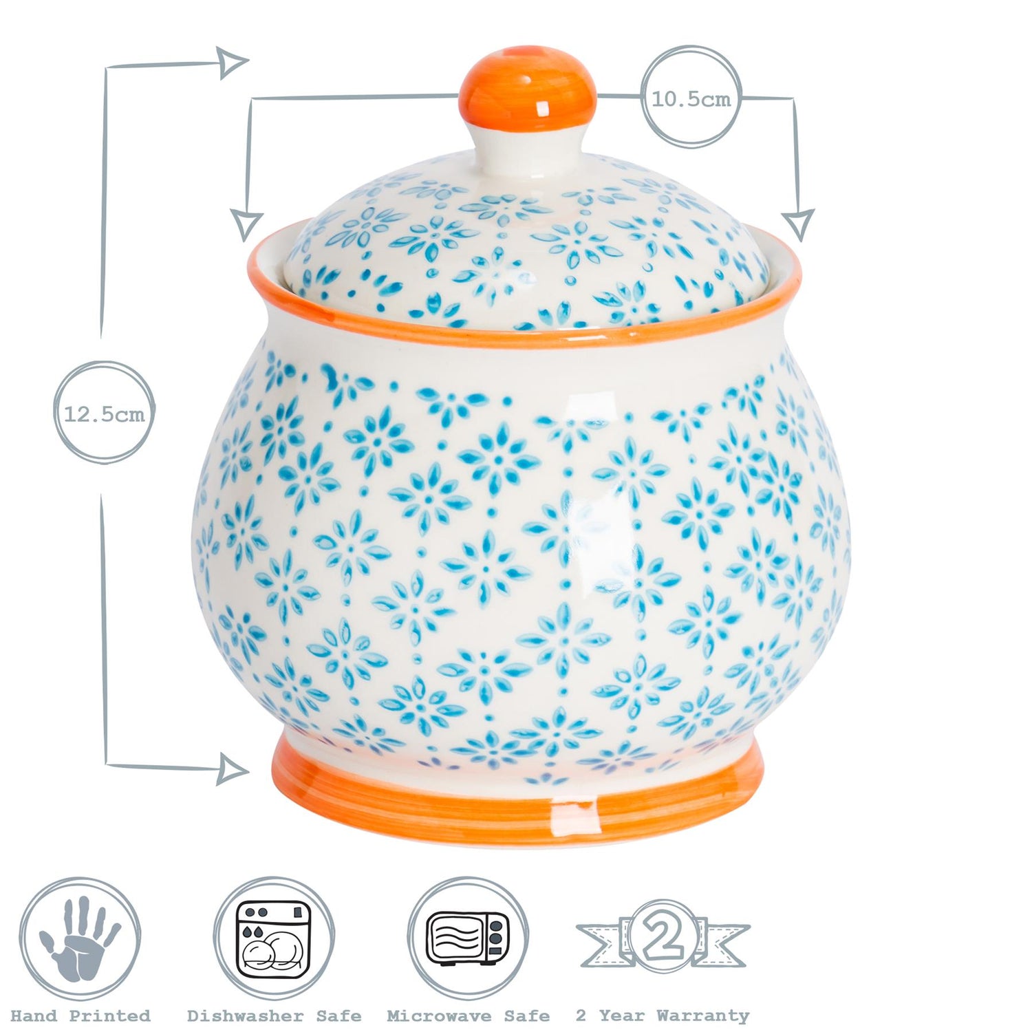 Hand-Printed Sugar Bowl - 10.5cm - Light Blue
