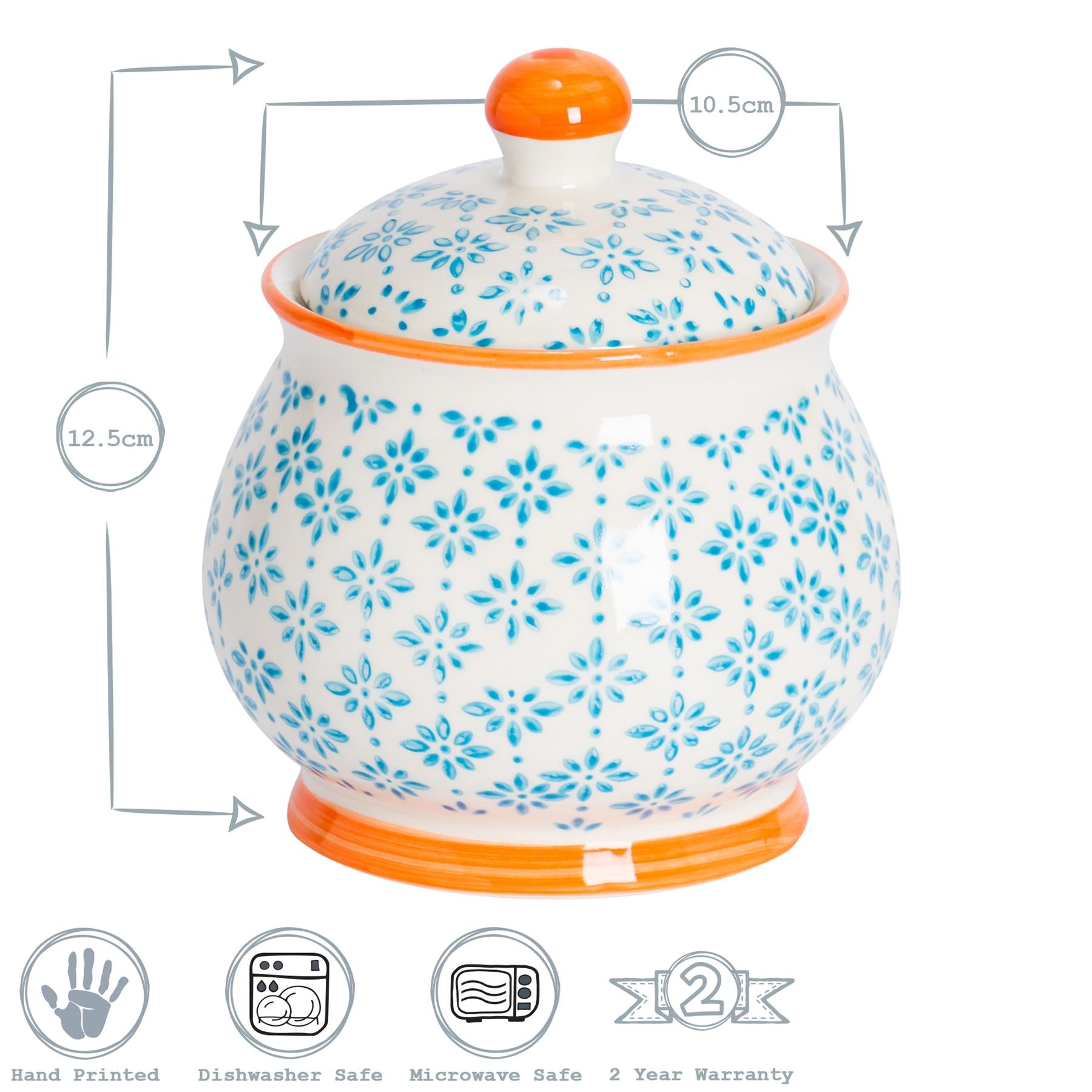 Hand-Printed Sugar Bowl - 10.5cm - Light Blue